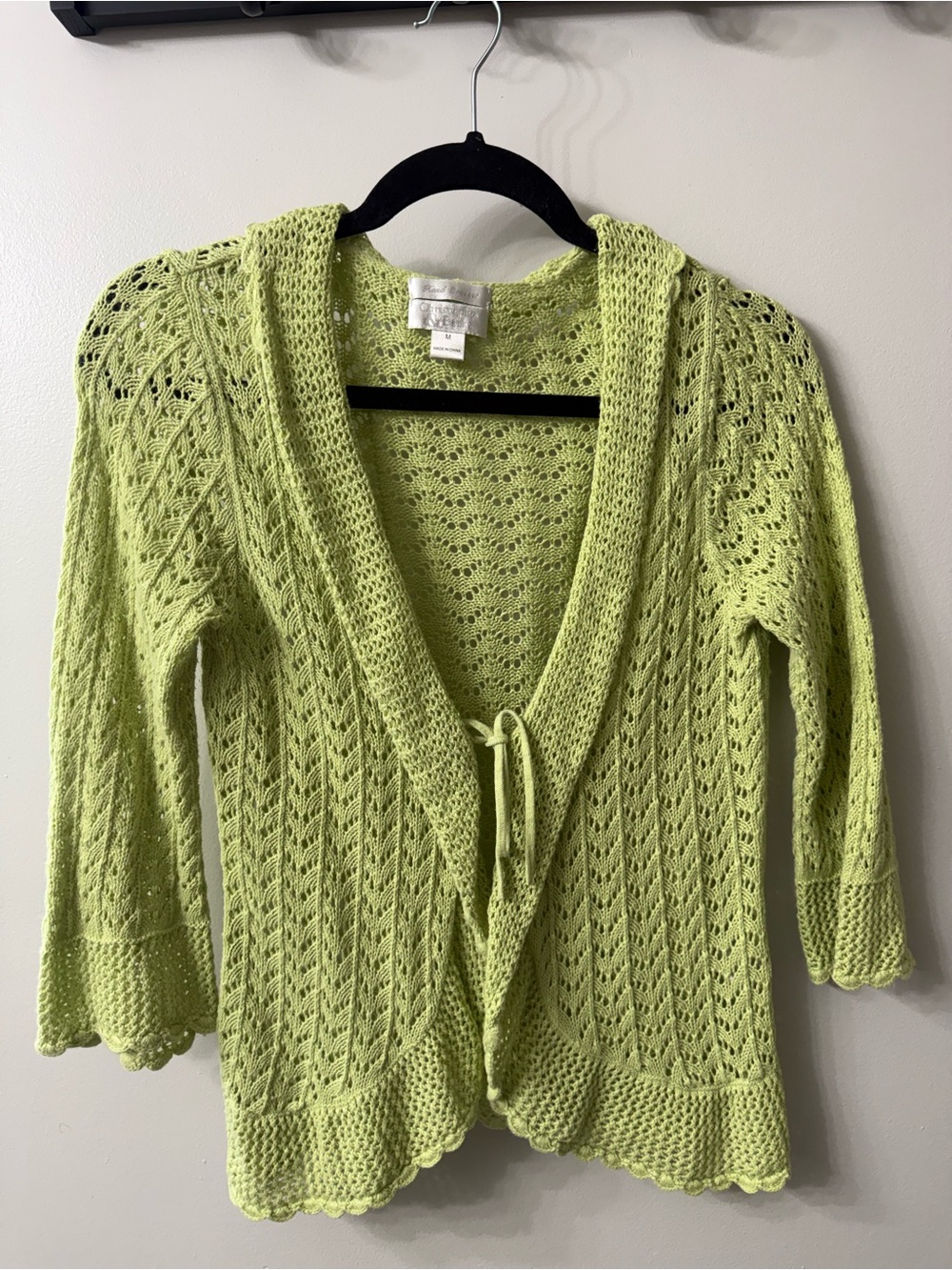 Christopher & Banks Light Green Openwork Crochet Tie-Front Cardigan